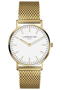 Goldfarbene Netzarmbanduhr mit einem weißen Zifferblatt. Verfügt über minimalistische Stundenmarkierungen und das Logo "LIEBESKIND BERLIN" in der Mitte. Einfaches Krondesign.