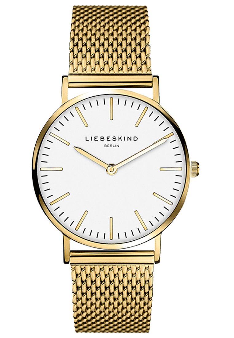 Goldfarbene Netzarmbanduhr mit einem weißen Zifferblatt. Verfügt über minimalistische Stundenmarkierungen und das Logo "LIEBESKIND BERLIN" in der Mitte. Einfaches Krondesign.