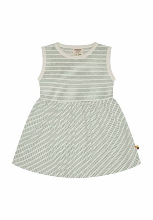 Abito senza maniche a righe in verde chiaro e bianco, con gonna arricciata e una piccola etichetta colorata sull'orlo. Materiale in cotone misto.