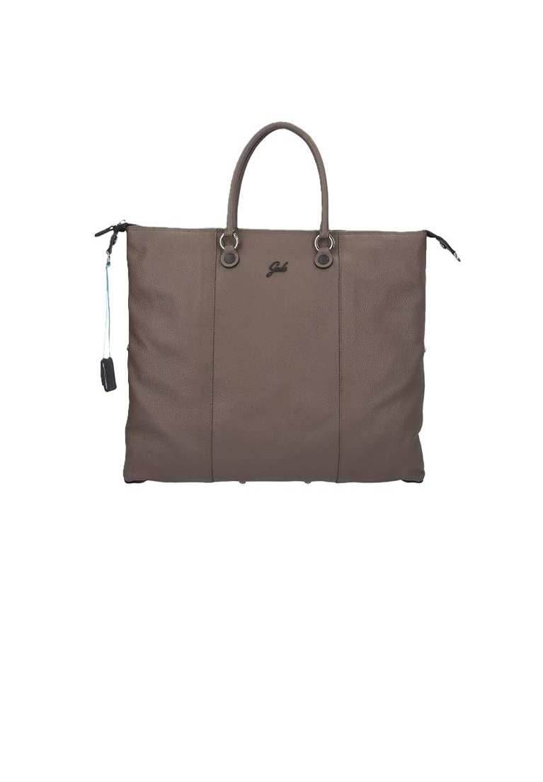 Sac fourre-tout en cuir marron avec fermeture éclair, deux poignées supérieures et détails en métal circulaires. Présente un logo discret à l'avant.