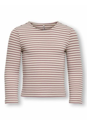 Long-sleeve, ribbed top in cream with maroon horizontal stripes. Features a round neckline and fitted design. Soft, textured fabric.