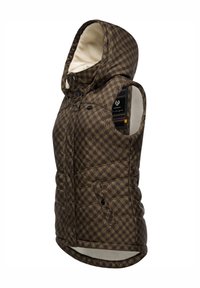 Veste sans manches matelassée à motifs pied-de-poule marron et beige avec capuche, boutons sur le devant et poches latérales, vue de profil.