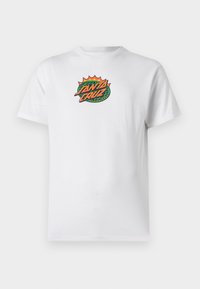 Witte katoenen t-shirt met een kleurrijke "Santa Cruz" graphic in groen, oranje en geel op de borst. Klassiek crew neck ontwerp.
