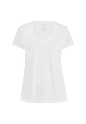 Weißes T-Shirt mit kurzen Ärmeln und V-Ausschnitt, mit einem dezenten Markenlogo und Größenschild innen am Kragen.