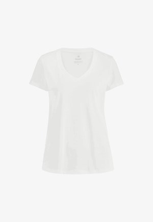 Weißes T-Shirt mit kurzen Ärmeln und V-Ausschnitt, mit einem dezenten Markenlogo und Größenschild innen am Kragen.