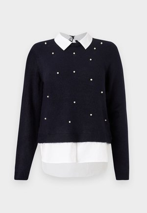 Marine gebreide trui met witte kraag en parelversieringen, met een cropped ontwerp en lange mouwen met geribbelde manchetten.