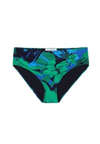 Magas derekú bikini alsó trópusi mintával zöld és kék színekben, fekete béléssel és díszítő varrásokkal.