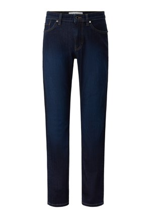 Dark blue jeans made from denim with a straight-cut design. Features five pockets, button closure, and contrasting stitching.