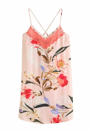 Hellrosa florales Negligékleid mit korallenfarbener Spitzenverzierung am Ausschnitt und dünnen gekreuzten Trägern am Rücken.