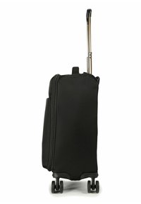 Schwarzer Trolley mit hartem Gehäuse, Teleskopgriff und vier Rollen; verfügt über einen einzelnen Reißverschluss und eine Seitentasche.