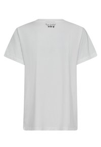 White cotton t-shirt, short sleeves, round neckline, smooth texture, features a logo printed at the upper back.