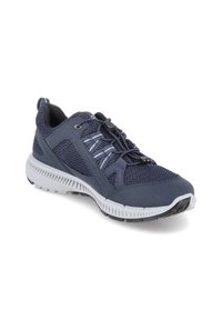 Scarpa atletica a rete blu navy con dettagli bianchi, dotata di un sistema di bloccaggio dei lacci, sovrapposizioni testurizzate e un'intersuola bianca imbottita.