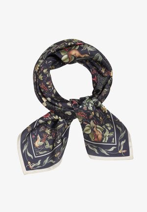 Silkkihuivi, jossa on tumma tausta värikkäillä kukka- ja eläinkuvioilla. Reunoissa on yksivärinen vaalea viimeistely.