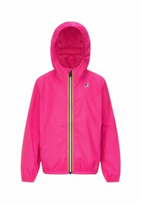 Giacca leggera rosa con cappuccio, polsini elasticizzati e chiusura frontale con zip, caratterizzata da un dettaglio di zip esposta multi-colore.