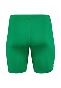 Shorts de sport verts en tissu lisse et extensible. Présentent un design ajusté avec une taille simple et sans matériel visible ni motifs.