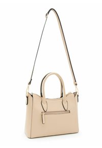 Borsa beige in ecopelle con dettagli neri e doppi manici. Dotata di tracolla rimovibile e tasca frontale con zip.