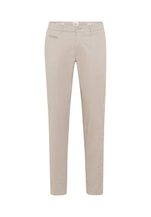 Pantalon beige ajusté avec passants pour ceinture, fermeture avant par bouton et zip, et une petite poche fendue sur le côté droit.