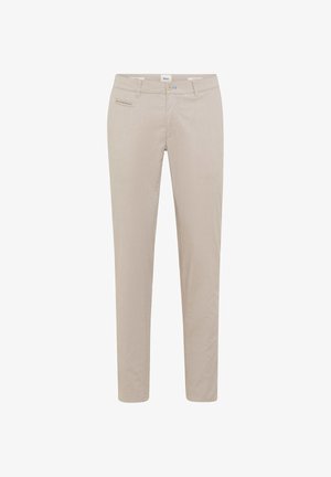 Pantalon beige ajusté avec passants pour ceinture, fermeture avant par bouton et zip, et une petite poche fendue sur le côté droit.