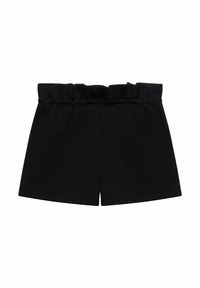 Shorts noirs taille haute avec taille paperbag et larges ouvertures de jambes, présentés à plat sur un fond blanc.