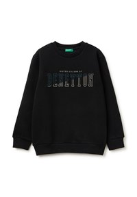 Felpa nera in cotone con collo rotondo, caratterizzata dal testo "UNITED COLORS OF BENETTON" in bianco e blu sulla parte frontale.