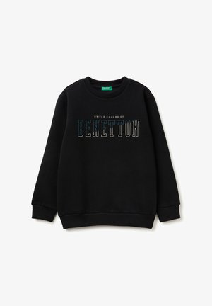 Sudadera negra de algodón con cuello redondo, que presenta el texto "UNITED COLORS OF BENETTON" en blanco y azul en la parte frontal.