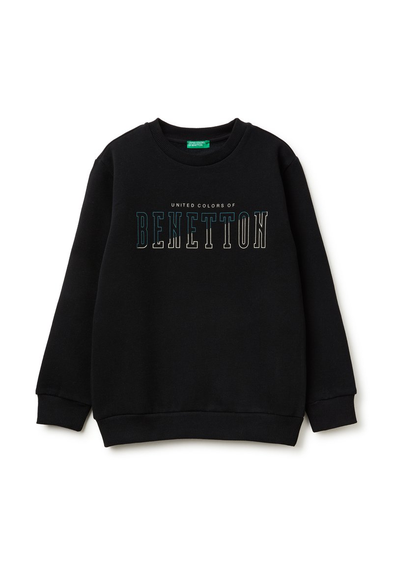 Felpa nera in cotone con collo rotondo, caratterizzata dal testo "UNITED COLORS OF BENETTON" in bianco e blu sulla parte frontale.