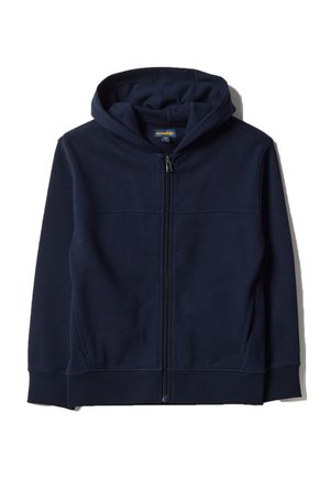 Sudadera con capucha azul marino con cremallera, bolsillos delanteros, puños y dobladillo acanalados, y capucha, extendida sobre un fondo blanco.