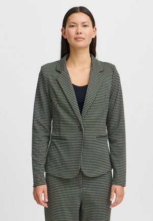 Grey and black houndstooth blazer with a fitted design, notched lapels, a single button closure, and two front pockets.