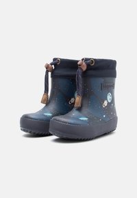 Bottes en caoutchouc navy avec des graphismes sur le thème de l'espace, présentant des planètes et des OVNI. Comprend un col à cordon de serrage et une semelle extérieure texturée pour plus d'adhérence.