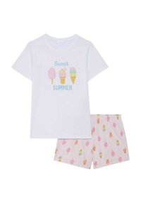 White cotton t-shirt with "Sweet Summer" text and ice cream graphics; pink shorts featuring a repeated ice cream cone and popsicle pattern.