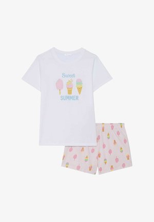 Valkoinen puuvillainen t-paita, jossa on "Sweet Summer" -teksti ja jäätelökuvia; vaaleanpunaiset shortsit, joissa on toistuva jäätelötötterön ja mehujääkuvio.
