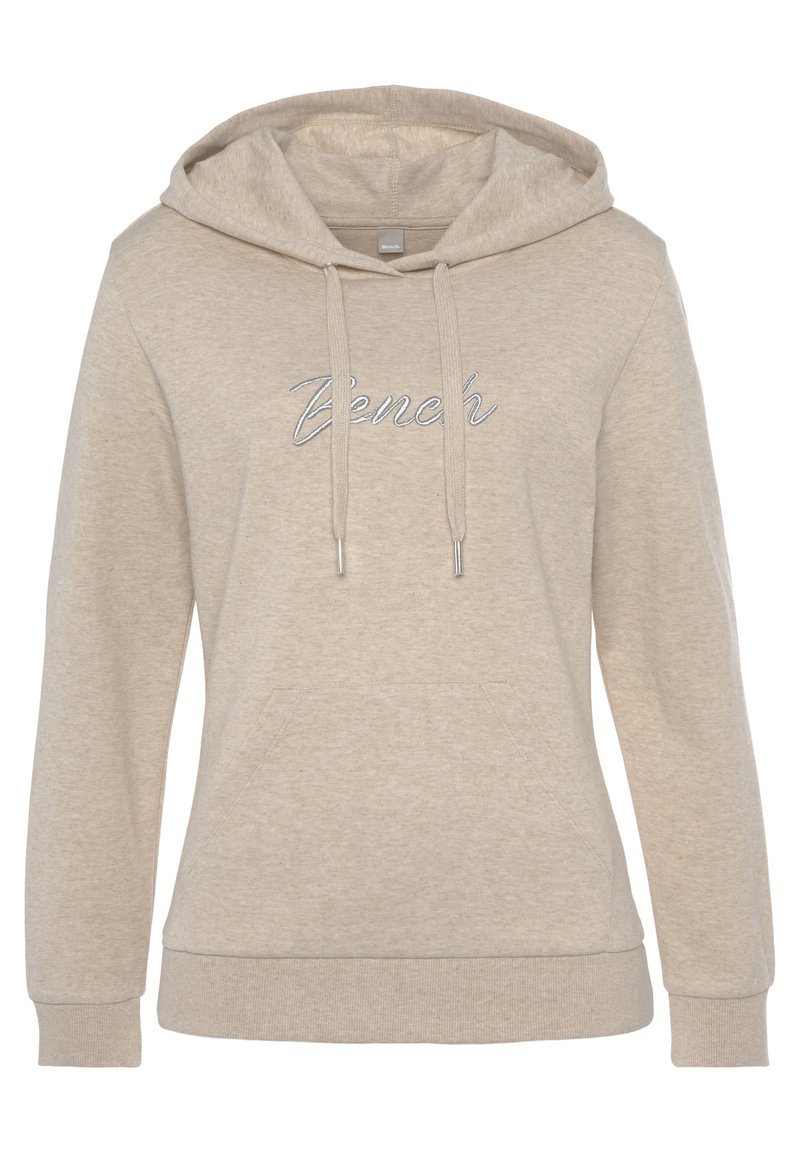 Felpa beige con cappuccio regolabile, tasca anteriore e logo "Bench" ricamato. Realizzata in morbido tessuto testurizzato, con polsini a coste.