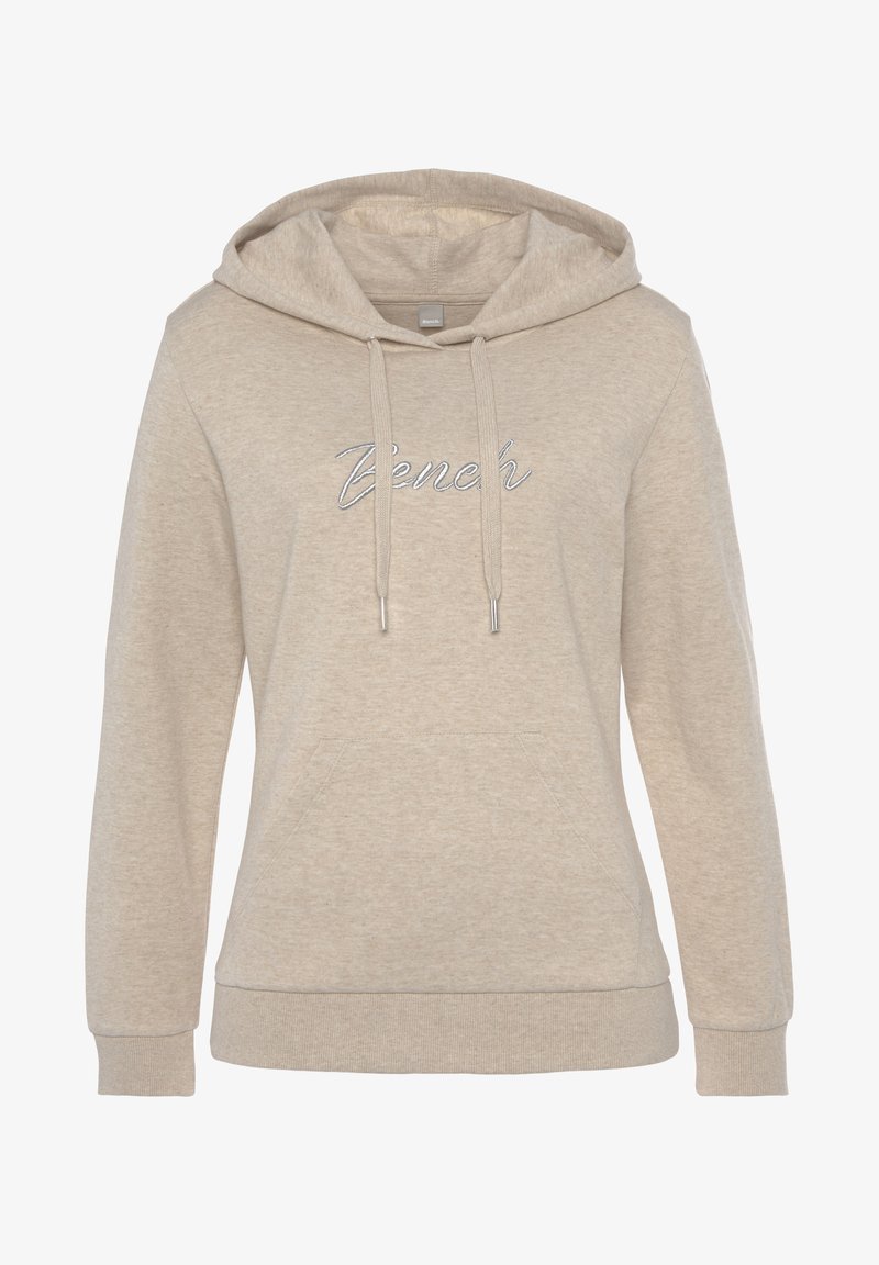 Felpa beige con cappuccio regolabile, tasca anteriore e logo "Bench" ricamato. Realizzata in morbido tessuto testurizzato, con polsini a coste.