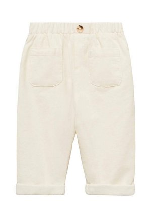 Pantalons en velours côtelé de couleur crème avec une taille élastique, dotés de deux poches arrière et de ourlets retroussés pour un look décontracté.