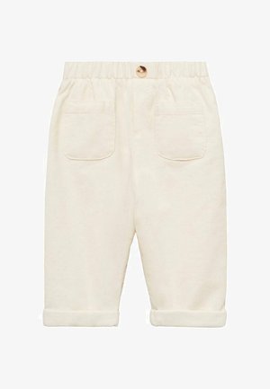 Pantalone od kremaste kordure s elastičnim pojasom, s dva stražnja džepa i zavrnutim manžetama za ležeran izgled.