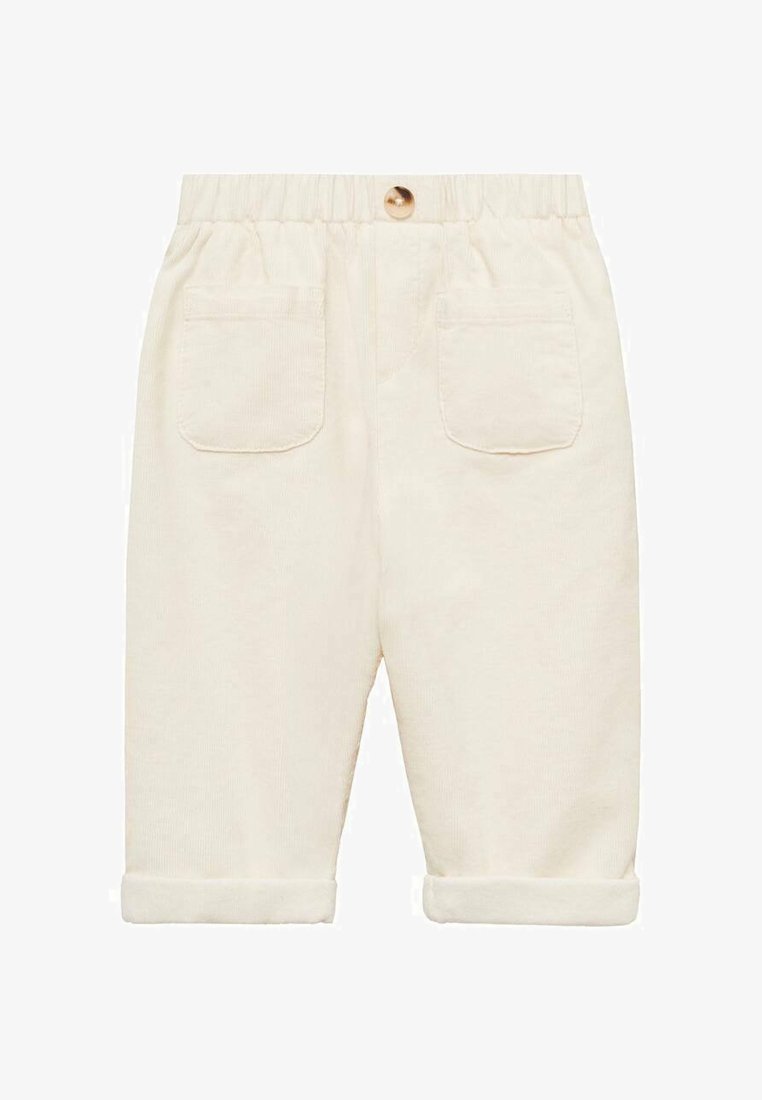 Hlače iz bež žameta s elastičnim pasom, ki imajo dva zadnja žepa in prepognjene robove za sproščen videz.