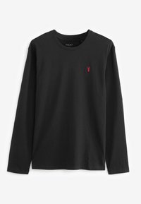Sort langærmet T-shirt lavet af bomuld, med rund hals og et lille rødt hummerlogo på venstre bryst. Enkel design, ingen mønstre.