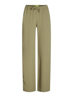 Green, loose-fitting pants with an elastic waistband and adjustable drawstring. Made of soft fabric with straight legs and no visible pockets.
