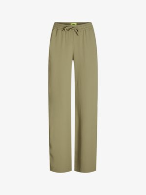 Green, loose-fitting pants with an elastic waistband and adjustable drawstring. Made of soft fabric with straight legs and no visible pockets.