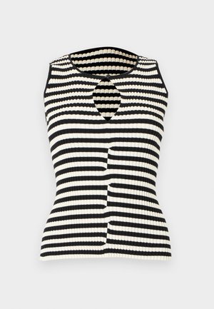 Ermeløs ribbestrikket topp med svarte og hvite horisontale striper, rund hals og en liten nøkkelhullutskjæring med knappeåpning.