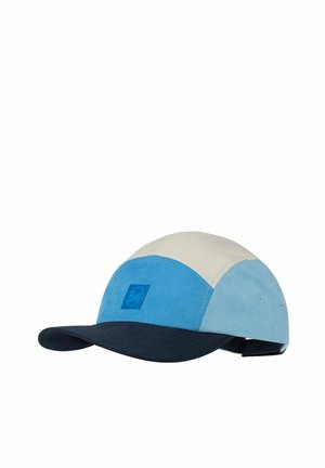 Five-panel cap with light blue, beige, and navy panels, featuring a squared logo patch on the front and adjustable strap at the back.