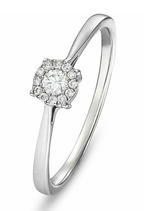 Weißgoldring mit einem zentralen runden Diamanten, der von kleineren Diamanten umgeben ist, in einem floralen Design gefasst. Glatte, polierte Ringschiene.