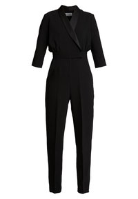 Mono negro con cuello chal, mangas largas, cintura ajustada y patas entalladas. Confeccionado en una tela suave sin patrones visibles ni herrajes.