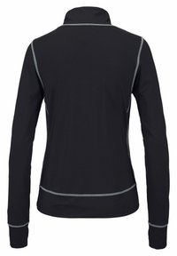 Schwarzes Langarmshirt mit hohem Kragen, das kontrastierende graue Nähte entlang der Nähte und Bündchen aufweist. Glattes Material mit sportlichem Schnitt.