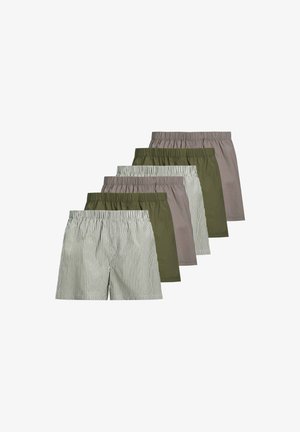 Set med fem par herrshorts: grön, grå och randig design. Har elastisk midja, lättviktsmaterial och snygg sömnad.