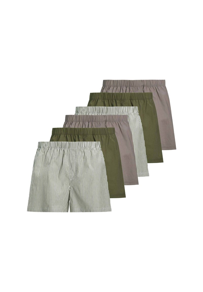 Ensemble de cinq paires de shorts pour hommes : vert, gris et à rayures. Comprend une taille élastique, un tissu léger et des coutures soignées.