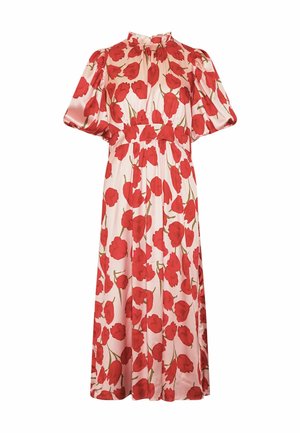 Roosa maksikleit punase lillemustriga, padjasarnased varrukad, kõrge kaelus ja kogutud vöökohaga detailid.