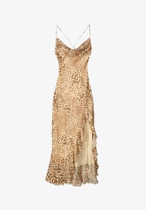 Leopard-print slip dress in beige and brown tones, featuring spaghetti straps, a draped neckline, and ruffled hem detailing.