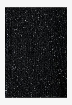 Sort strikning med et struktureret mønster, der har metallictråde vævet ind overalt. Indeholder en synlig lynlås på den ene kant.