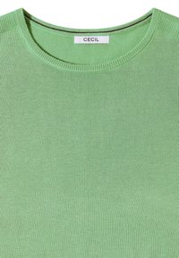 Grüner Strickpullover mit Rundhalsausschnitt, der über einen gerippten Kragen und eine dezente Textur verfügt. Das Etikett trägt "CECIL". Leicht und lässig im Design.